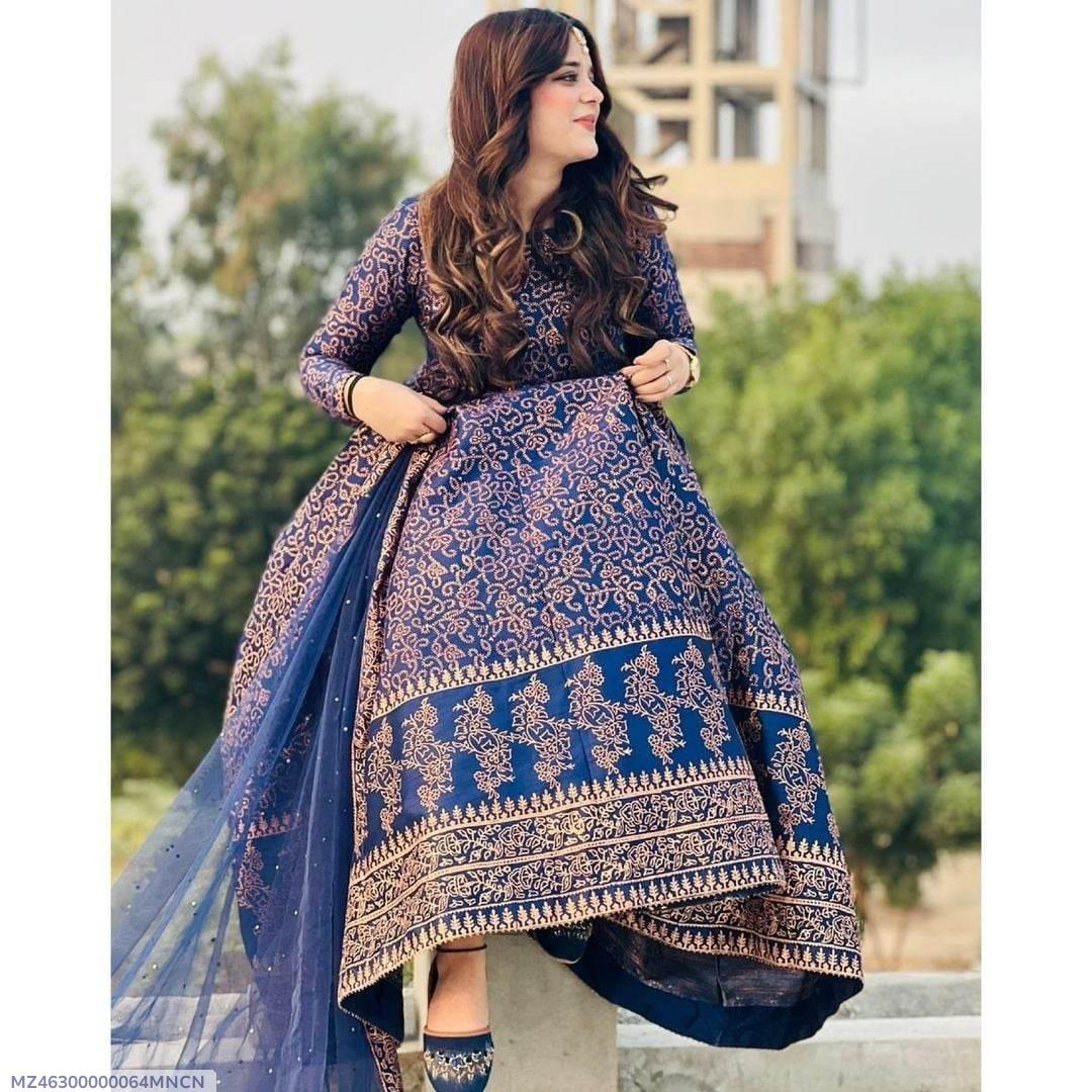 3 pcs womens stitched katan silk block printed maxi suit