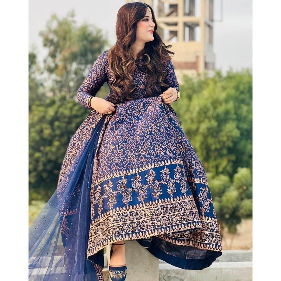 3 pcs womens stitched katan silk block printed maxi suit